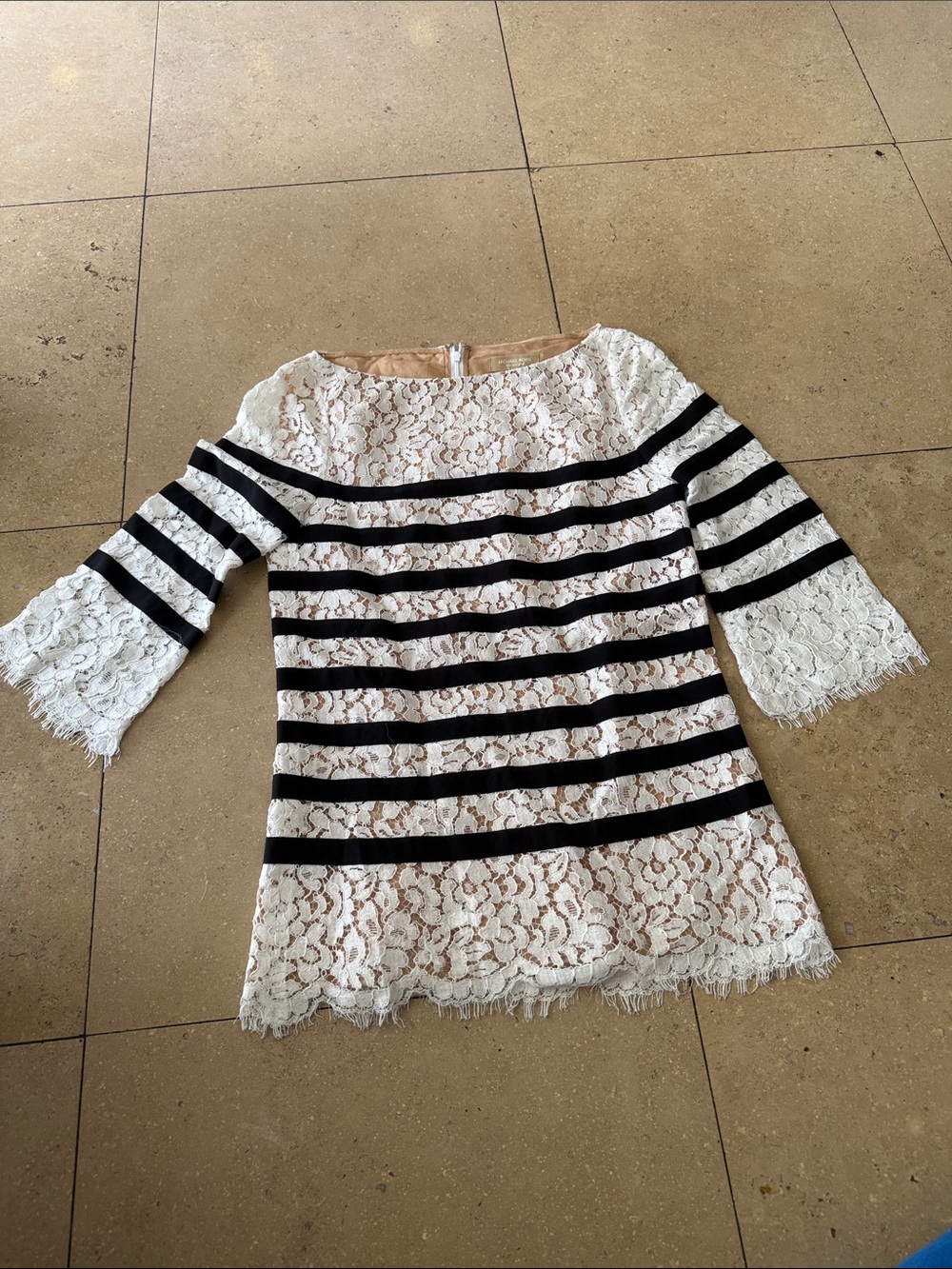 Michael Kors Collection White Lace Tunic with Black Stripes and Fringe Hem